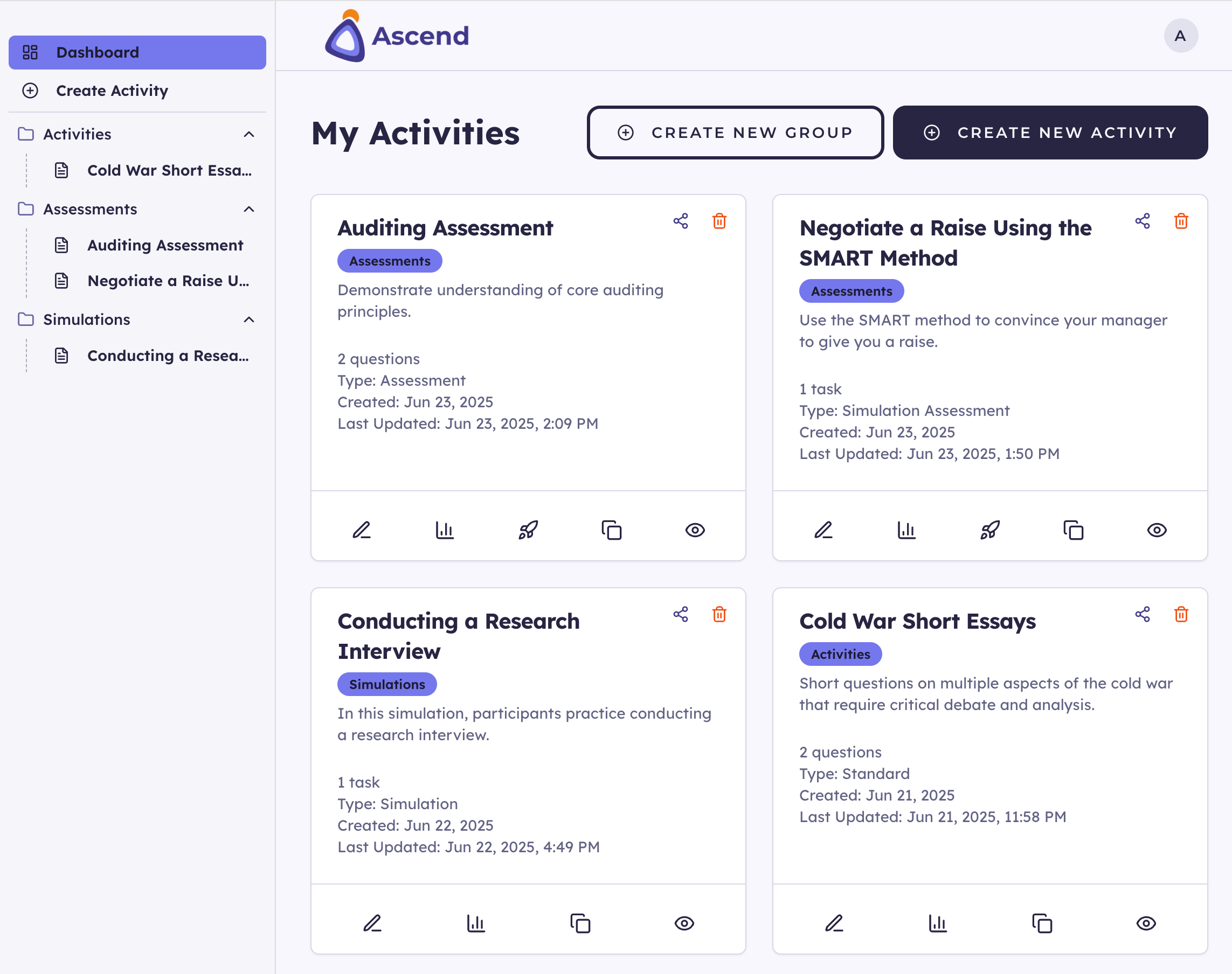 A screenshot of the Ascend app interface showing activity setup controls.